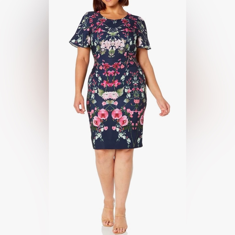 Adrianna Papell Navy Floral Midi Dress with Pink & Green Blooms